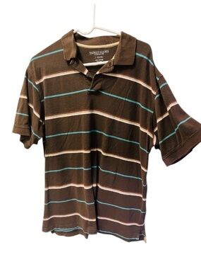 Faded Glory EUC Vintage Brown Polo with Cream and Light Blue Stripes
